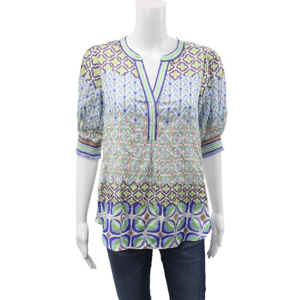 Hale Bob Women Tunic Blue Geometric V-Neck 3/4 Sleeve Silk Boho Size S